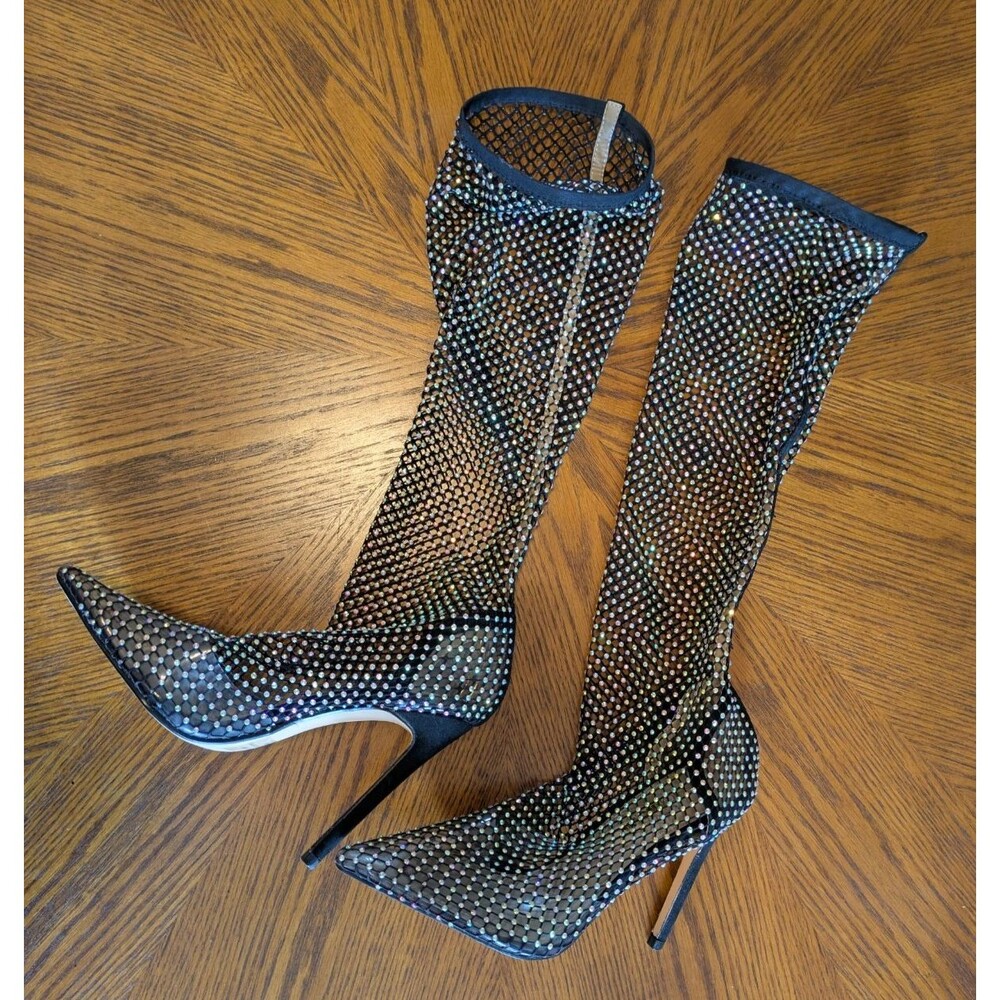 Fashion Nova Rhinestone Fishnet Thigh Boots Heels US women's size 8